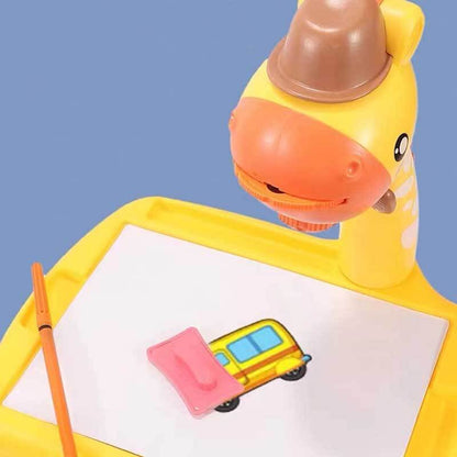 Closeup of a child's hand tracing a projected image on a kids drawing board, educational art toy.