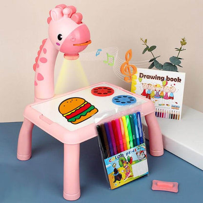 Blue kids projection drawing board featuring a giraffe design, an engaging art toy for boys 3-8.
