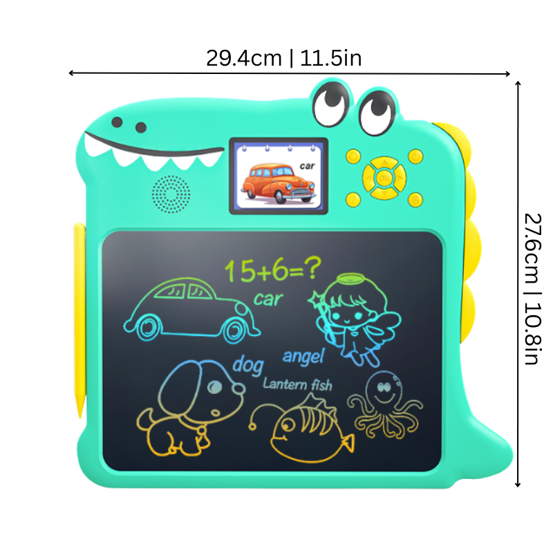 Toddler using a screen-free writing tablet, blue casing, drawing a happy face