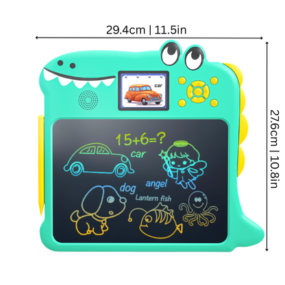 Toddler using a screen-free writing tablet, blue casing, drawing a happy face