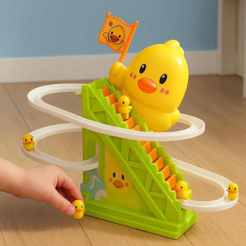 Kids' Duck Race Climbing & Sliding Track Toy, colorful developmental toddler toy with multiple ducks on a sliding track