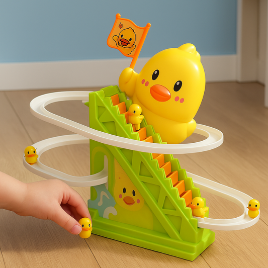 Kids' Duck Race Climbing & Sliding Track Toy, colorful developmental toddler toy with multiple ducks on a sliding track