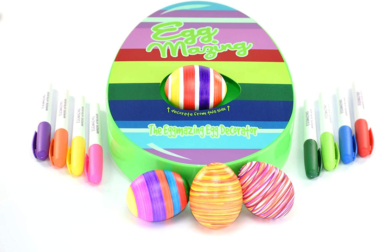 Kids Easter egg decorating kit with rotating egg spinner and colorful pens for fun spring craft.