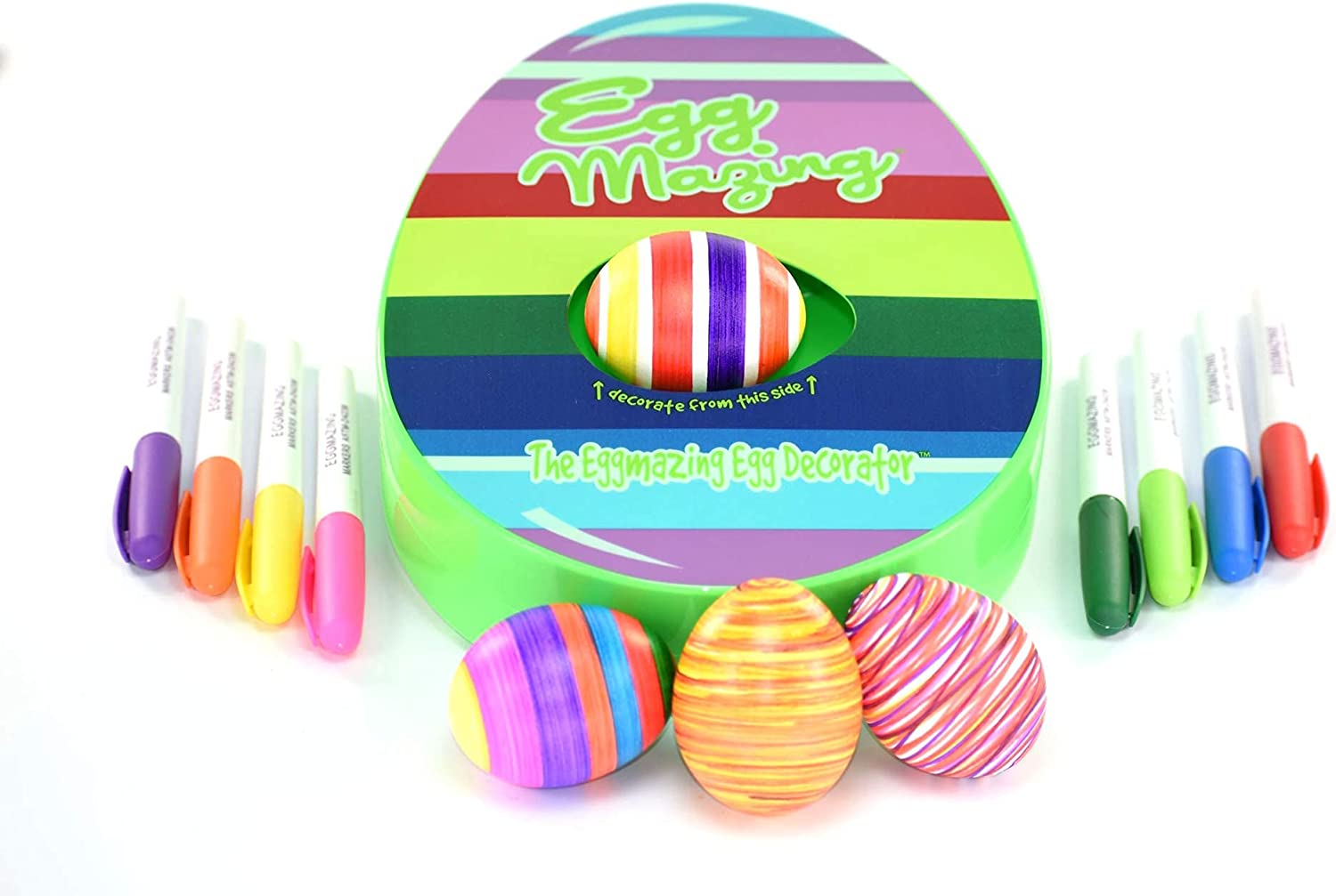 Kids Easter egg decorating kit with rotating egg spinner and colorful pens for fun spring craft.