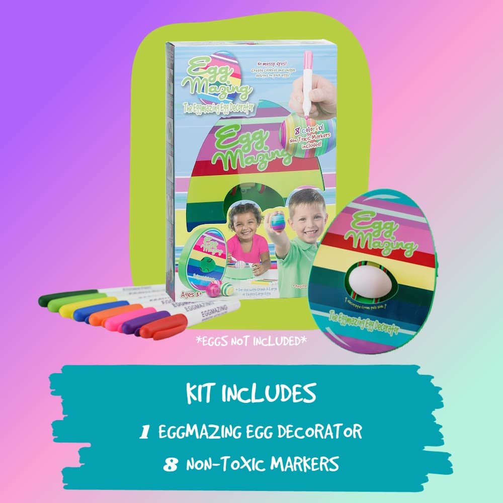 Child decorating a bright yellow Easter egg using a spin art kit and vibrant art supplies.