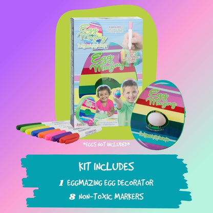 Child decorating a bright yellow Easter egg using a spin art kit and vibrant art supplies.