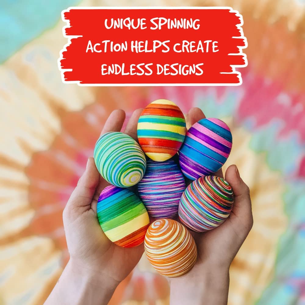 Close-up of a decorated Easter egg spinning on the machine, showcasing abstract designs.