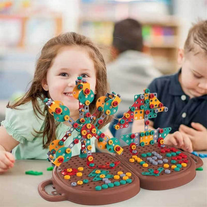 Child creating shapes with a 3D construction drill puzzle, enhancing problem-solving