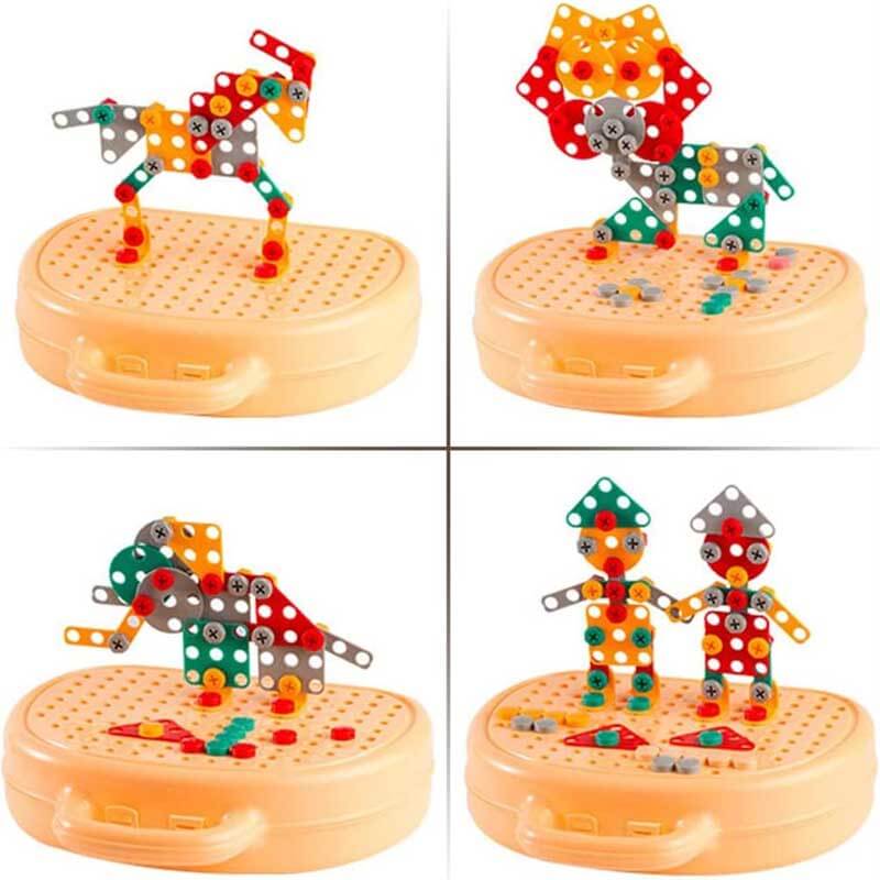 Close-up of a child's hands operating the drill on the construction toy set