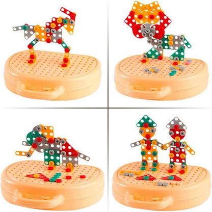 Close-up of a child's hands operating the drill on the construction toy set
