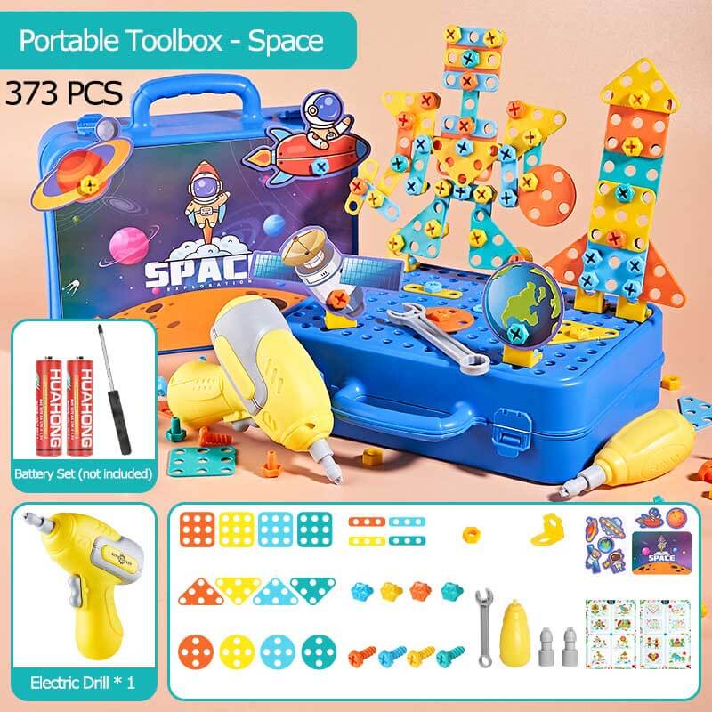 Children happily engaged with a 3D construction drill puzzle toy, educational fun