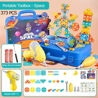 Children happily engaged with a 3D construction drill puzzle toy, educational fun