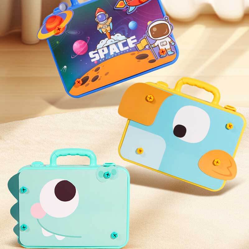 Various colorful plates and screws from the educational 3D building toy set