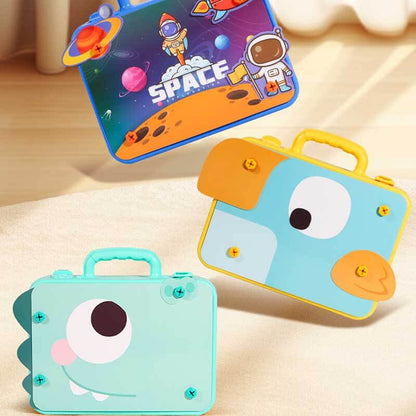 Various colorful plates and screws from the educational 3D building toy set