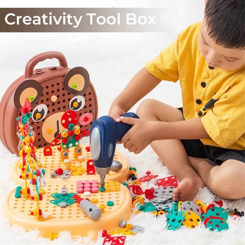 Kids' STEM educational activity toy: unassembled pieces of the construction drill puzzle