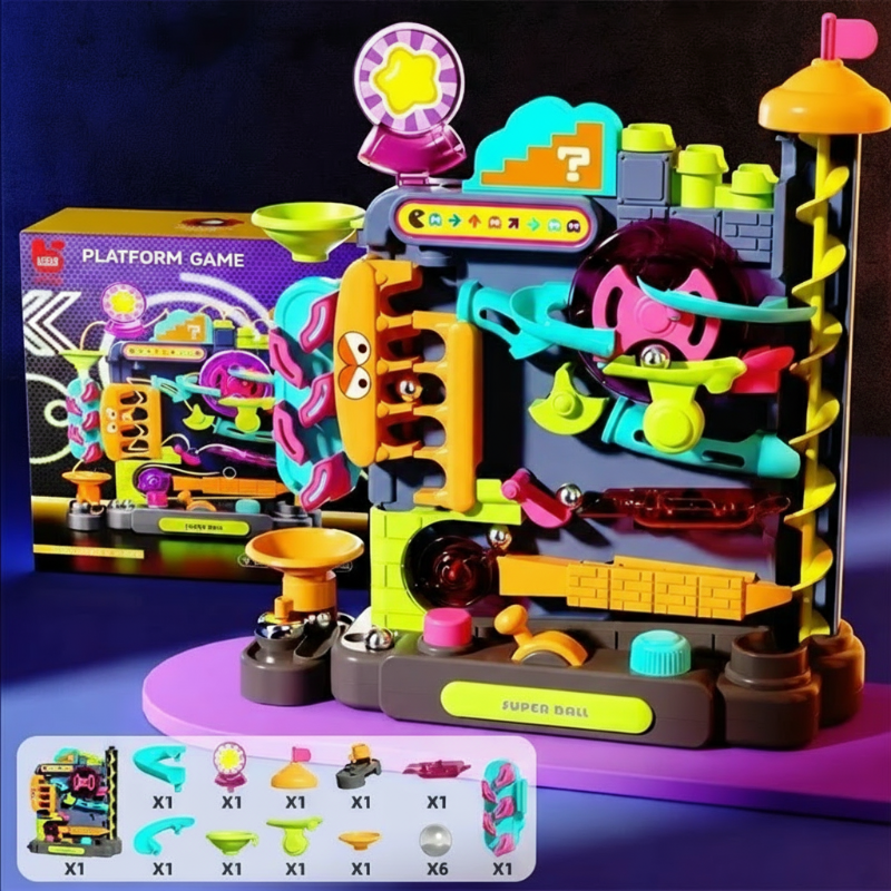 Overhead view of an assembled Educational Ball Track Playset, highlighting its complex and engaging design
