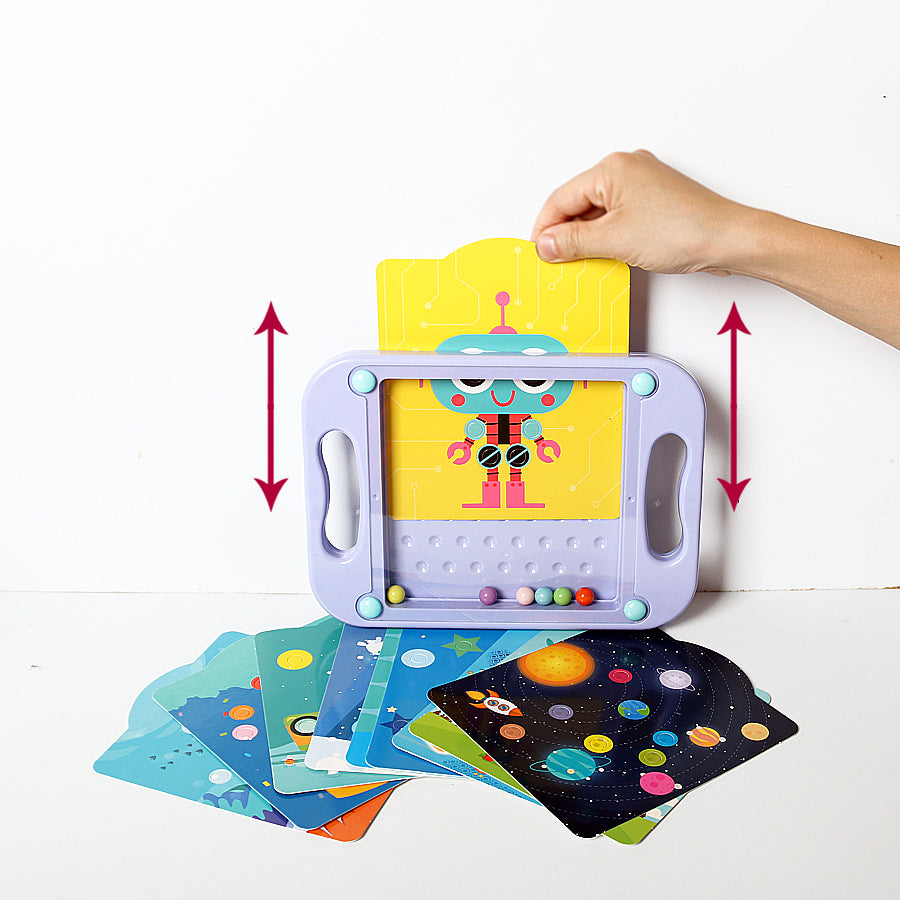 Child playing with a travel-friendly balance board maze, enhancing motor skills and coordination.