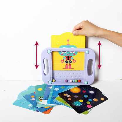 Child playing with a travel-friendly balance board maze, enhancing motor skills and coordination.