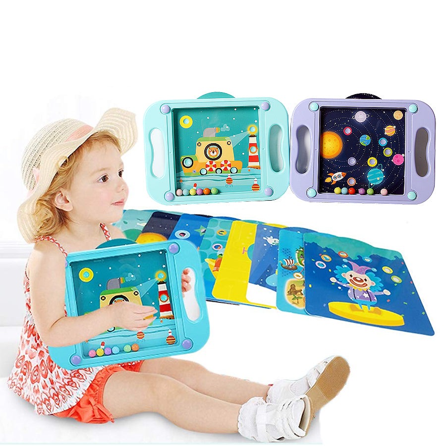 Close-up of a vibrant plastic balance board maze game, ideal for kids' educational play and focus.