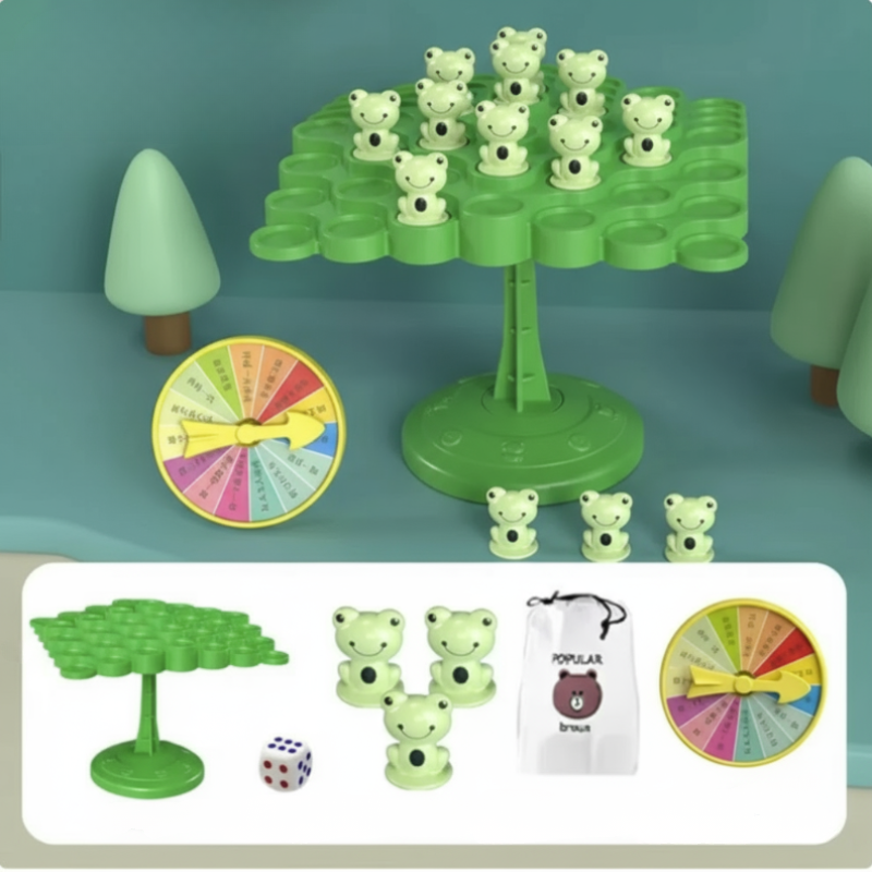 Creative thinking: child arranging vibrant plastic characters on the balancing tree toy