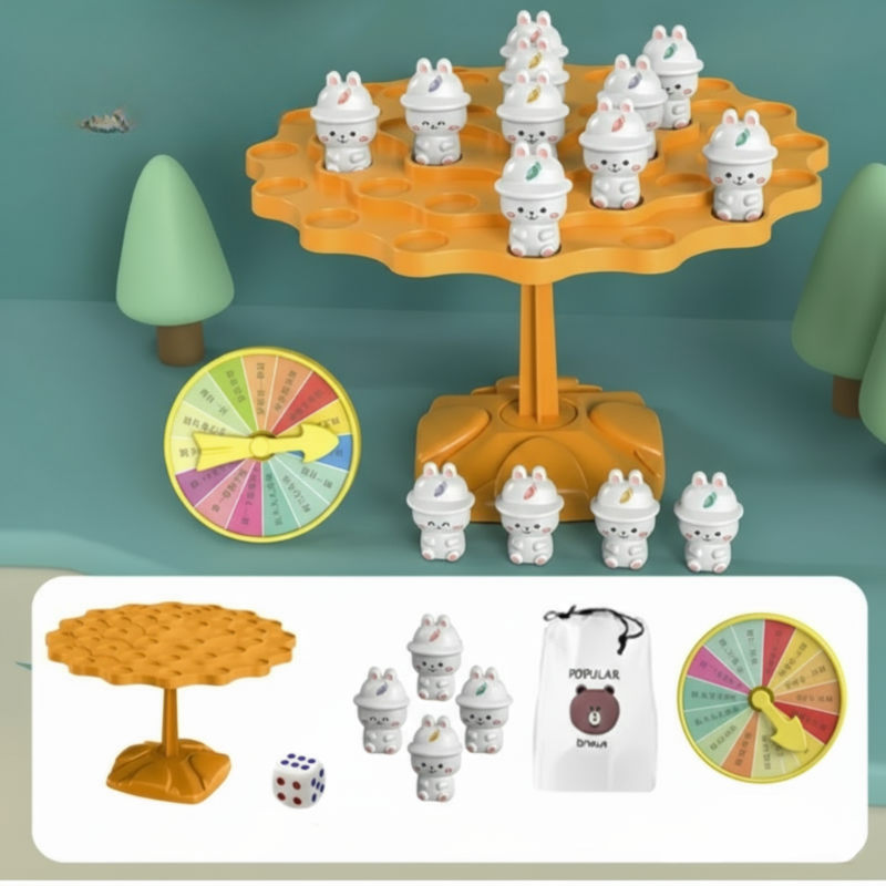 Vibrant plastic monkey character with a wide smile from the balancing tree game for kids
