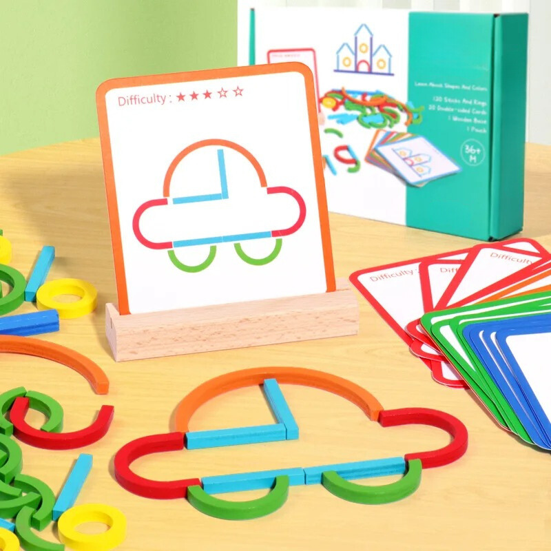 Kids educational block puzzle game with colorful wooden shapes for cognitive development. Screen-free learning toy.