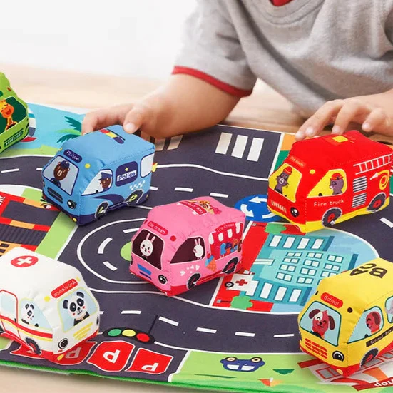 Soft sensory playmat featuring roads & buildings, boosting motor skills for kids' car activity