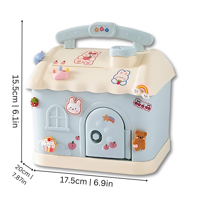 Child saving money in a whimsical castle piggy bank, promoting financial literacy.