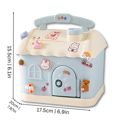 Child saving money in a whimsical castle piggy bank, promoting financial literacy.
