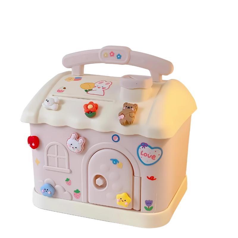 Detailed castle piggy bank for kids, an educational toy for financial literacy and development.