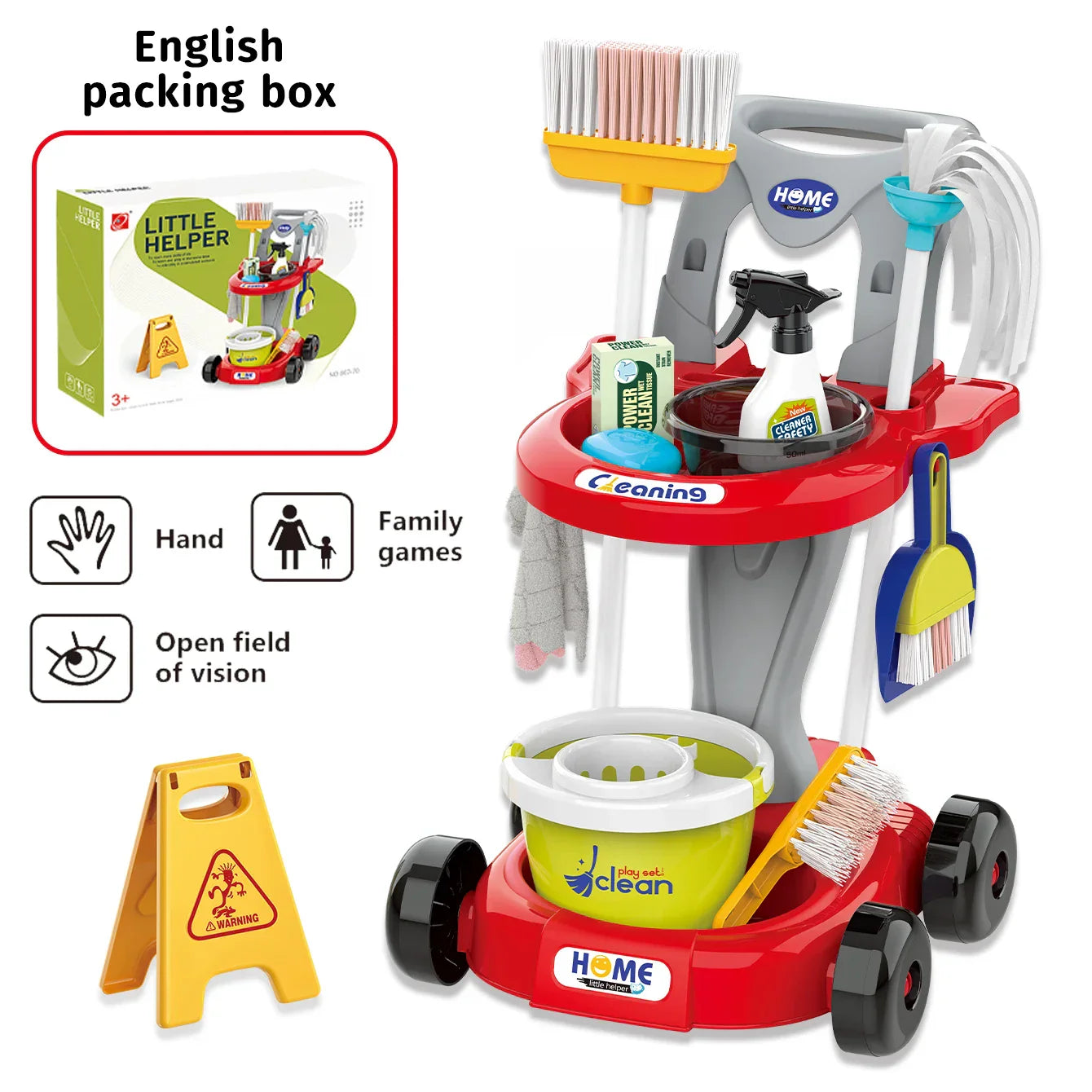 Brightly colored kids' cleaning trolley toy with accessories for educational imaginative play.