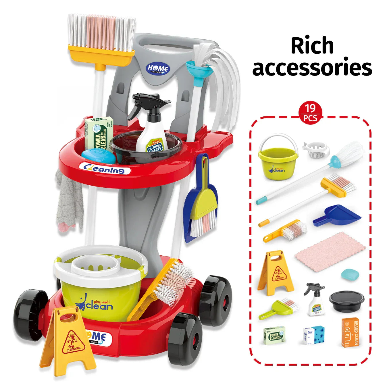 Toddler cleaning playset with mini mop, broom, and bucket, promoting early learning skills.