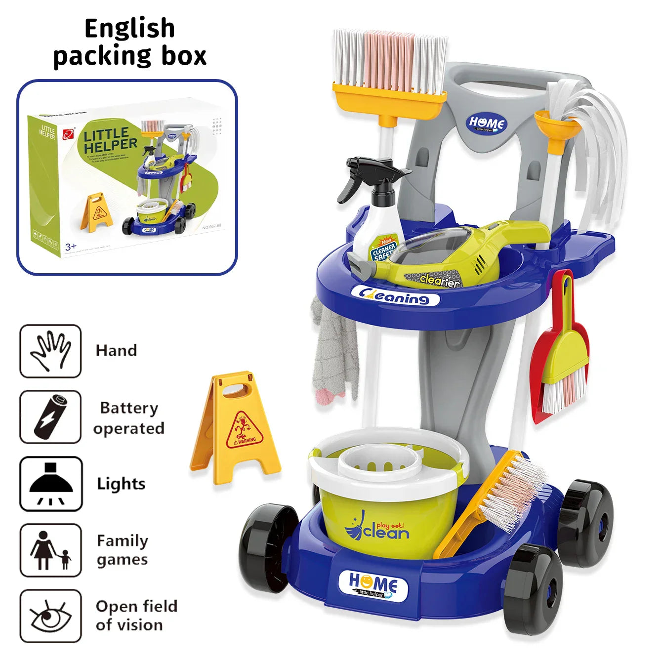Children's cleaning set on wheels, an engaging educational toy for role-playing fun.