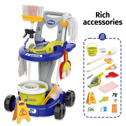 Imaginative play cleaning trolley for kids, complete with realistic cleaning supplies for toddlers.