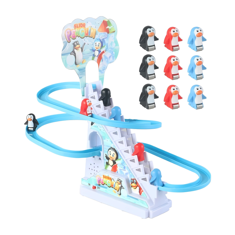 Kids' climbing track toy featuring multiple animal figures ascending a colorful, multi-level track with music.