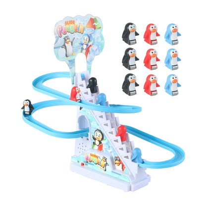 Kids' climbing track toy featuring multiple animal figures ascending a colorful, multi-level track with music.