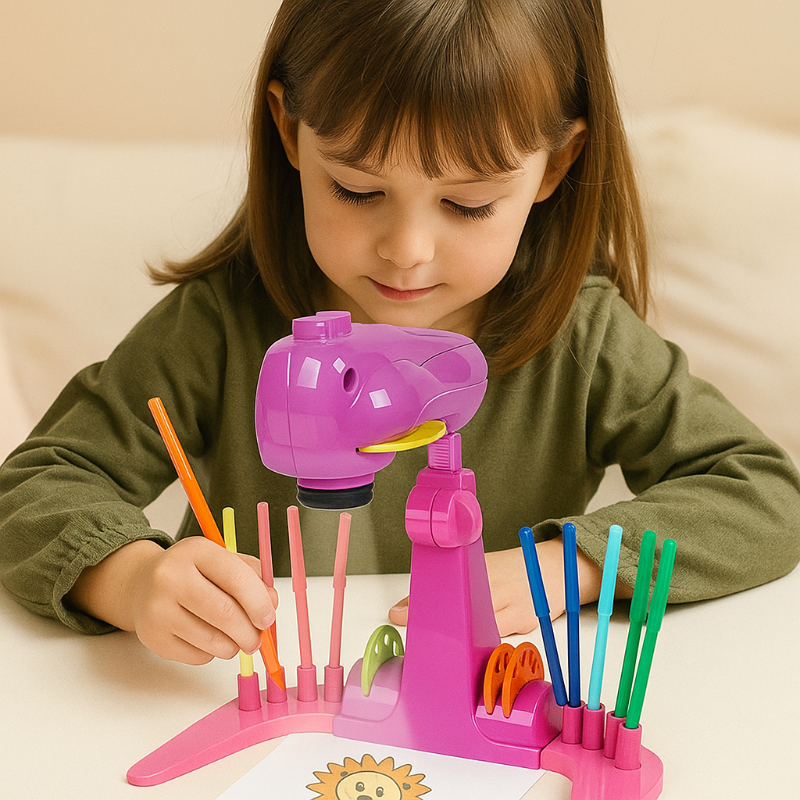 Child using an educational drawing projector toy with colorful pens, ideal for kids' art and activity play.