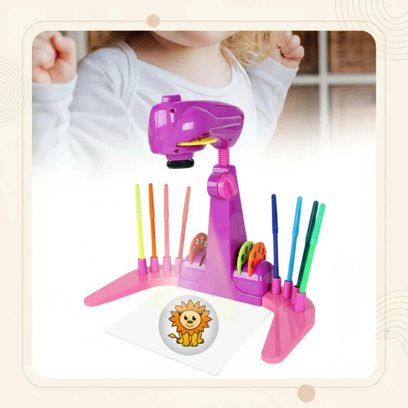 Close-up of a kids' drawing projector toy showing a projected image on paper, promoting learning games.
