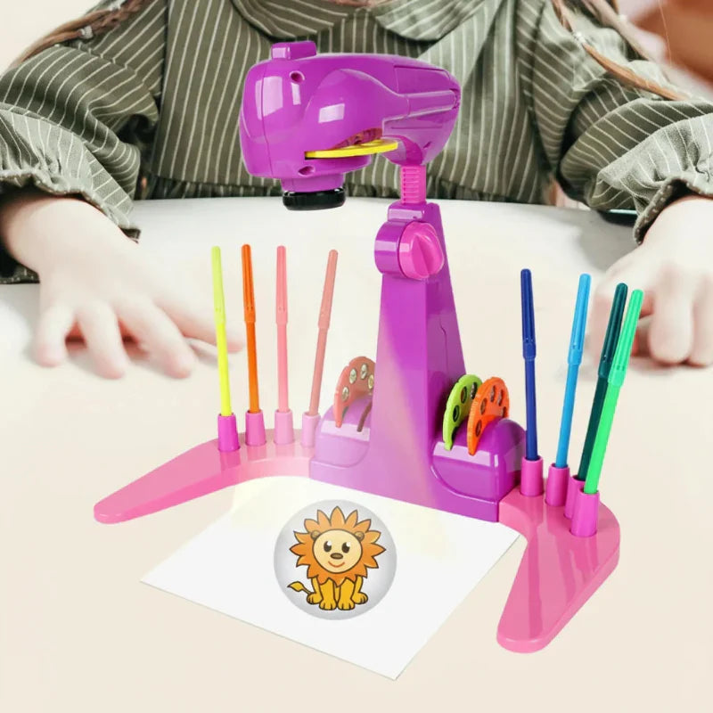 Set of kids' educational drawing projector toy with various slides and colorful markers for creative gifts.