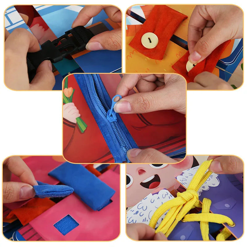 Montessori-inspired toddlers learning book, travel toy with dress-up and puzzle activities.