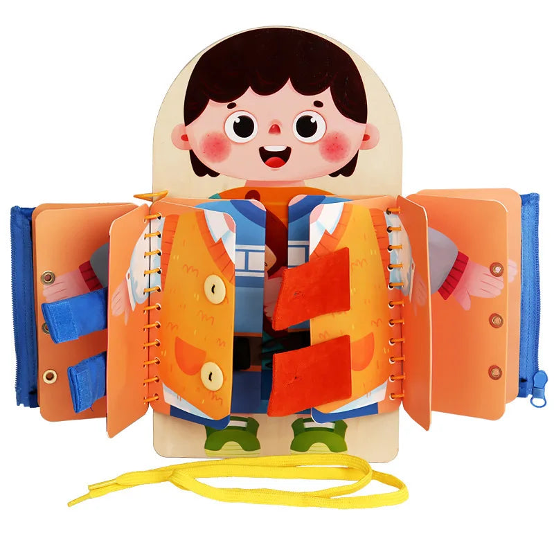 Toddler travel toy: educational puzzle book promoting self-care and fine motor skills development.