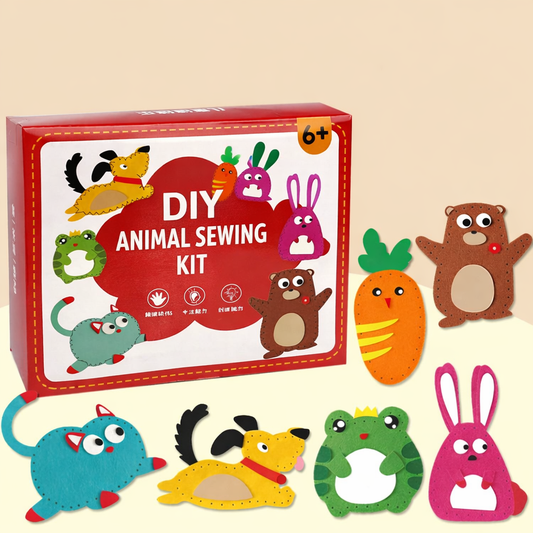 Kids' educational felt sewing craft kit with colorful pre-cut animal shapes, perfect for creative play.