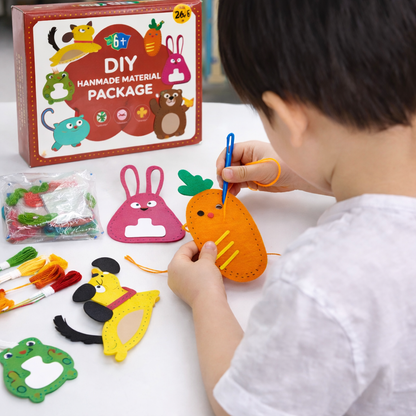 Beginner sewing kit for children, featuring felt safari animals to stitch, ideal for hands-on learning.