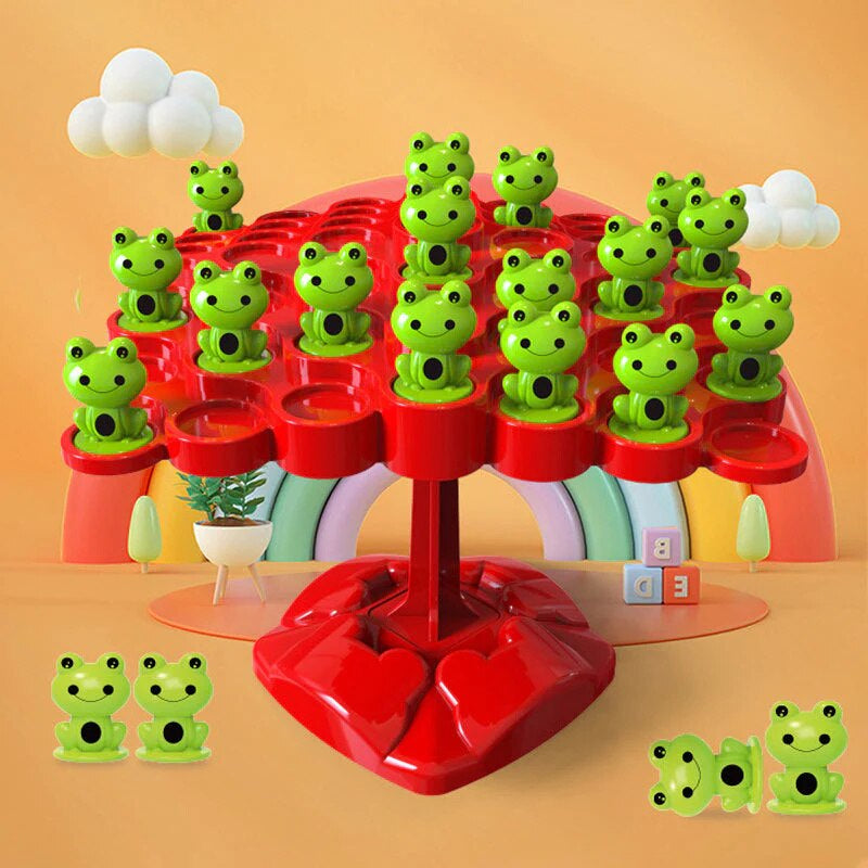 Frog Tree Balance Game set with a sturdy tree, frogs, and spinner for educational play.