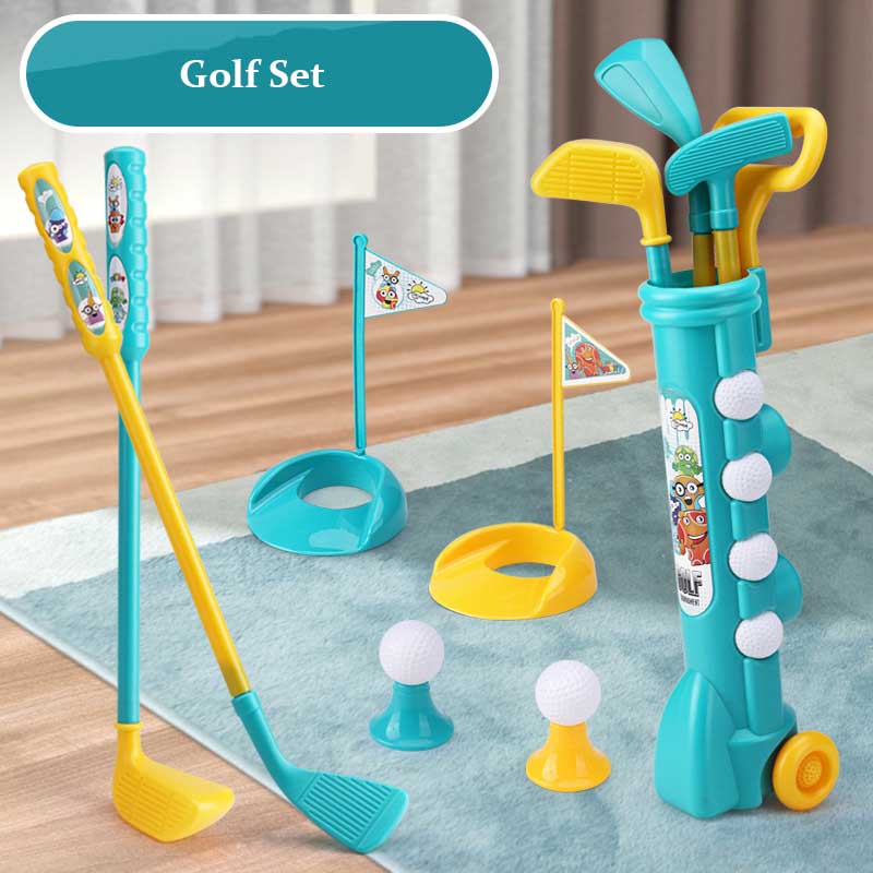Kids' educational golf club playset with colorful clubs, balls, and holes for outdoor fun