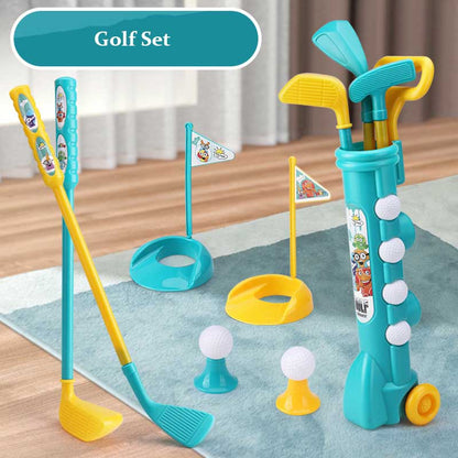 Kids' educational golf club playset with colorful clubs, balls, and holes for outdoor fun