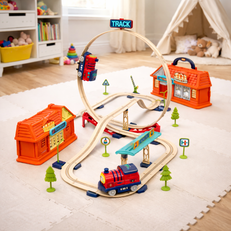 Kids' educational interlocking train track set with colorful trains, promoting STEM skills and creative play.