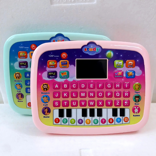 Kids' educational learning tablet with colorful buttons, displaying a bright game, music, and numbers for early development