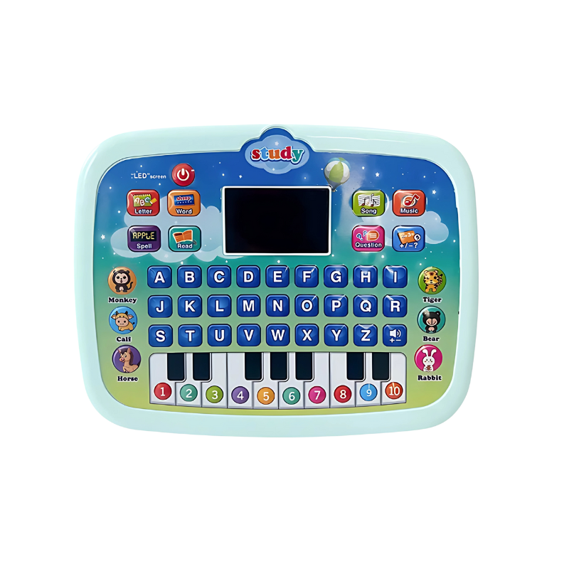 Bright blue kids tablet for learning, showing a music app interface with instruments, designed for early childhood education