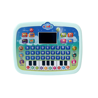 Bright blue kids tablet for learning, showing a music app interface with instruments, designed for early childhood education